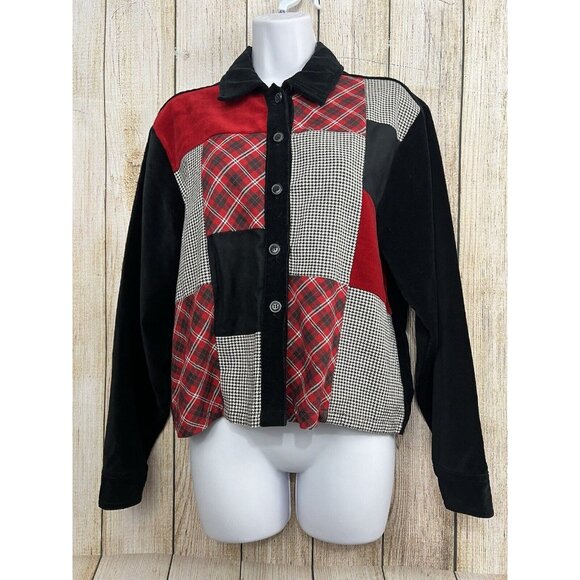 Vintage Women Patchwork Shirt Jacket Shacket Red Black Velvet Plaid Mixed Print - Picture 2 of 8
